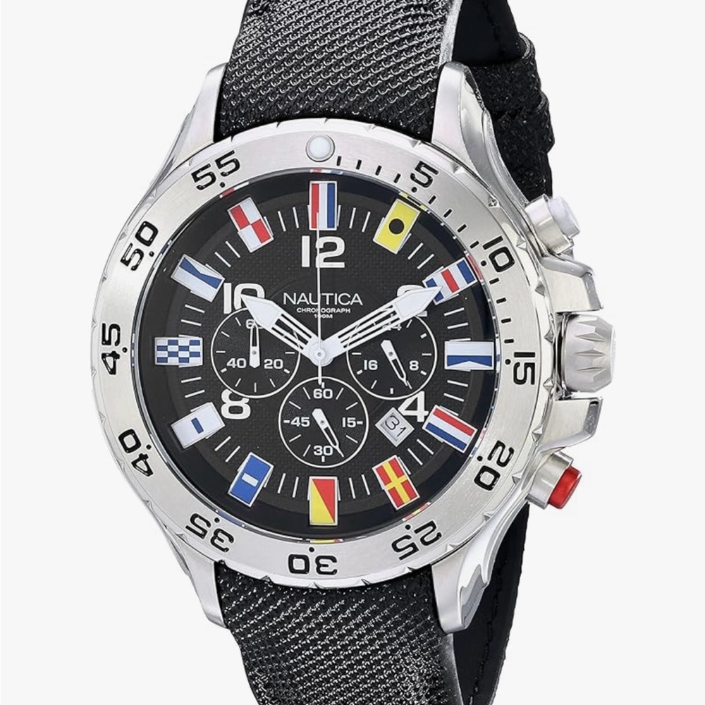 Nautica Silver and Black Flag Chronograph Watch